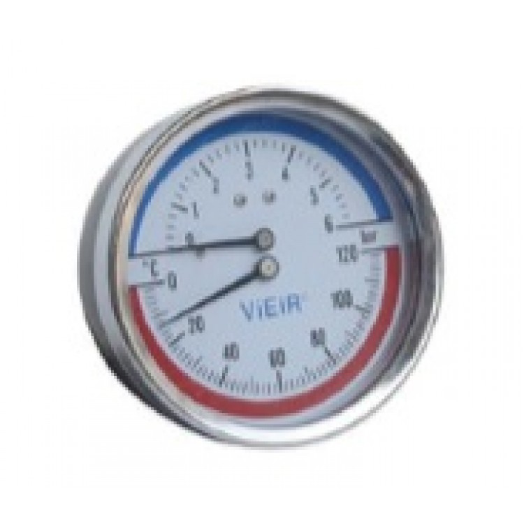 Термоманометр 1/2" аксиальный 80 мм 0-10 бар, 0-120° С "ViEiR" уп.100шт.